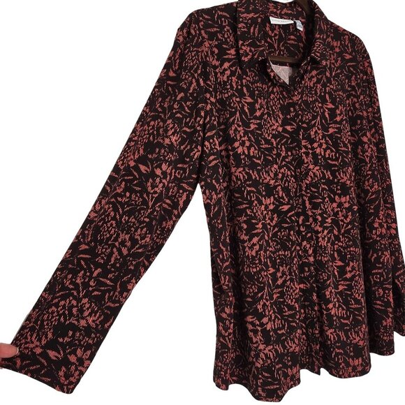 Susan Graver Womens Printed Button-Down Blouse XL Black/Rust Long Sleeve - Picture 4 of 9